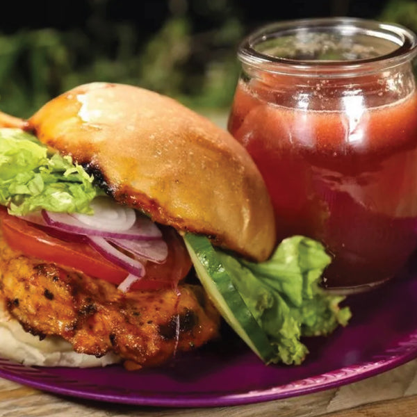 Grilled chicken tikka burger and mel-licious green tea